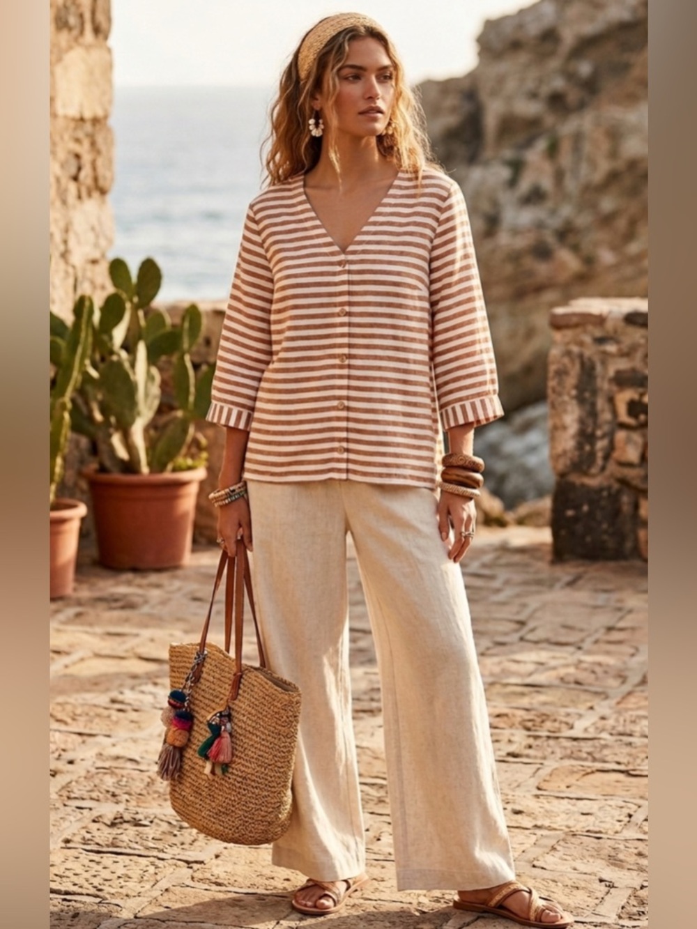 Rachel Zoe Top L 100% Linen Brown White Striped Button Front 3/4 Sleeve Top Boho